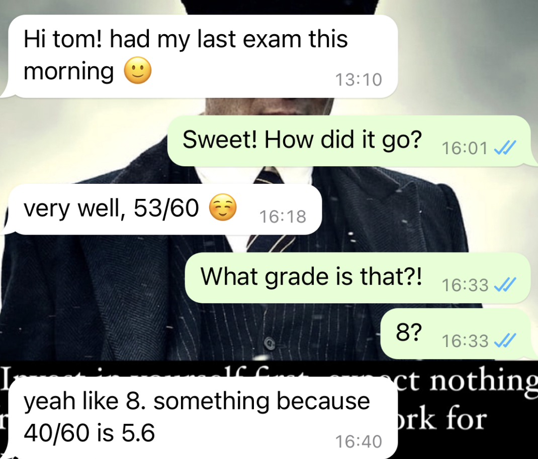 Learner scored 53 out of 60 on their last exam