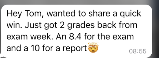 Learner got an 8.4 on the exam and a 10 on a report