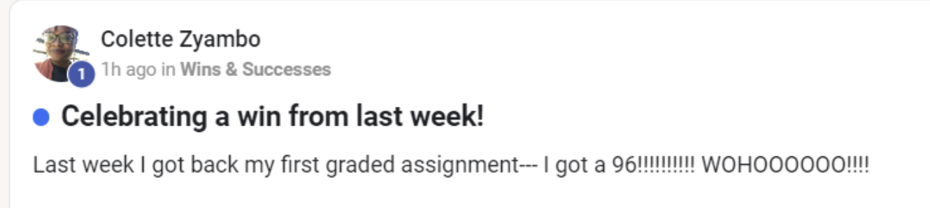 Colette Zyambo got a 96 on her first graded assignment