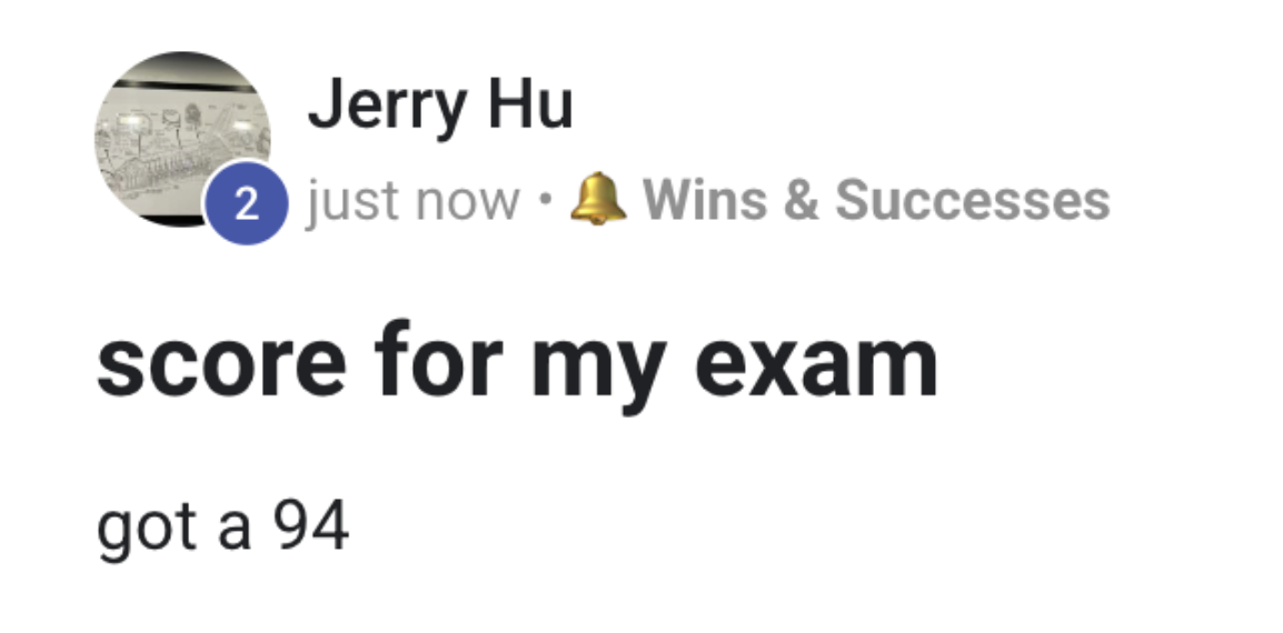 Jerry Hu scored a 94 on his exam