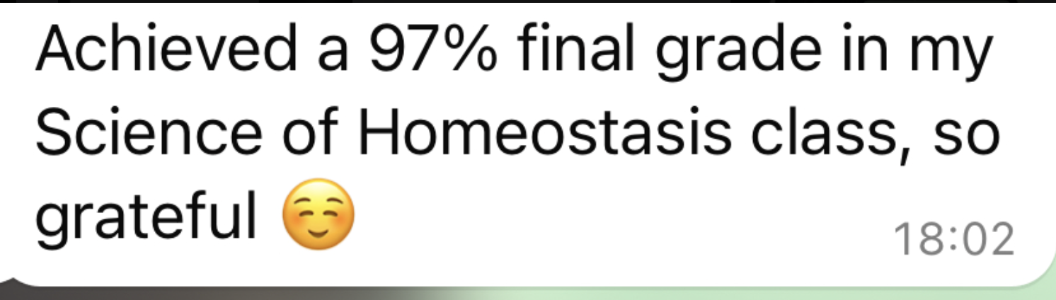 Learner achieved a 97% final grade in Science of Homeostasis