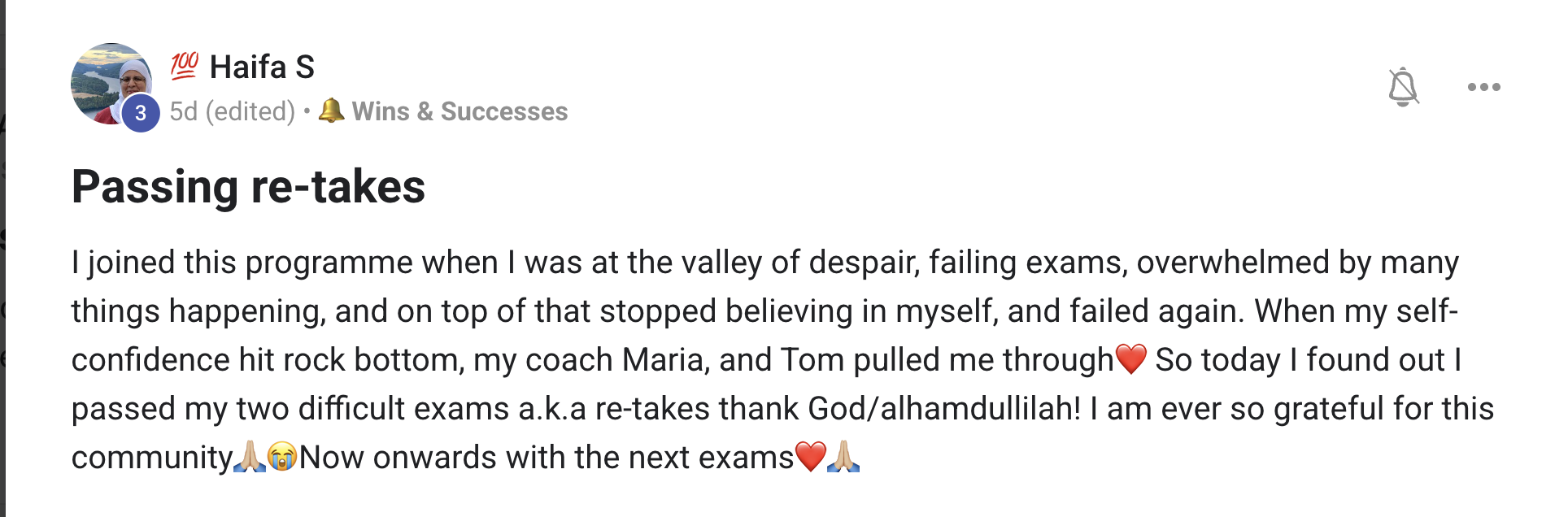 Haifa passed two difficult re-take exams in two months