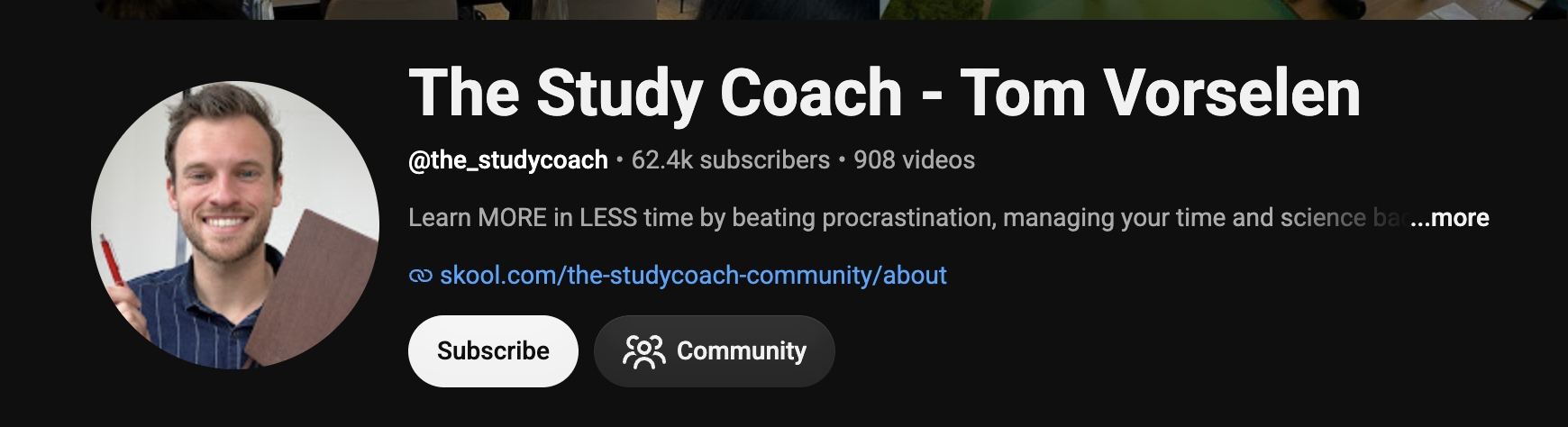 YouTube channel The Study Coach with 62.4K subscribers