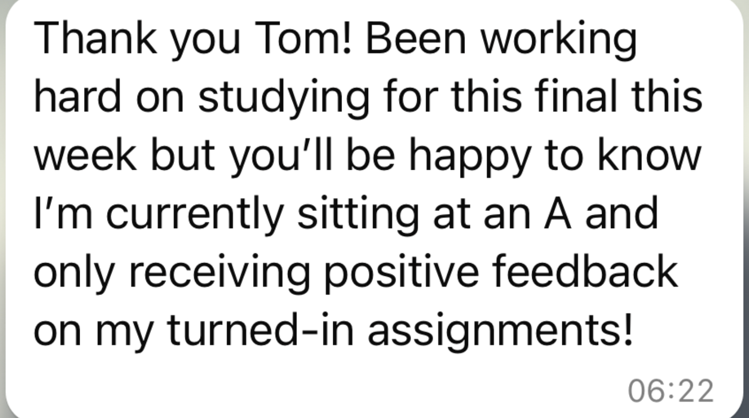 Learner currently sitting at an A with positive feedback